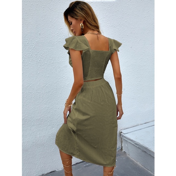 Army Green 2 Piece Outfit: Crop Top And Midi Skirt - Picture 3 of 9
